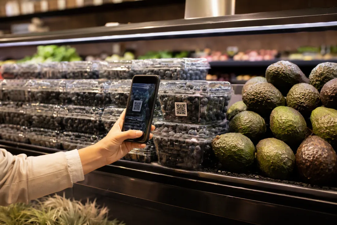 Comprador escaneando el QR de un empaque de berries en el anaquel
